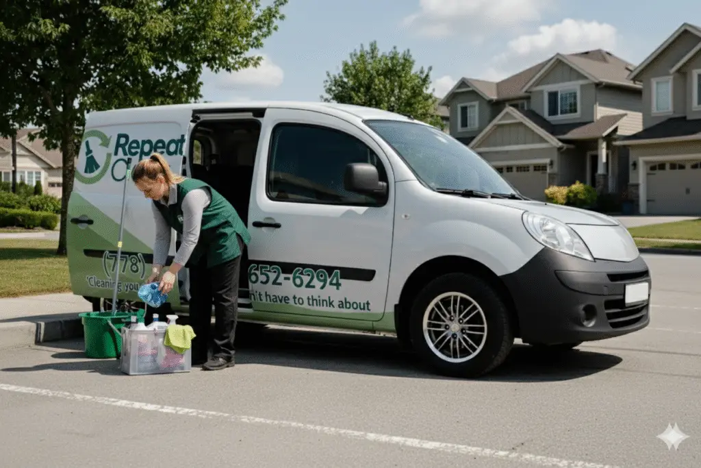 Repeat Clean house cleaner arriving at customers house to clean the home.