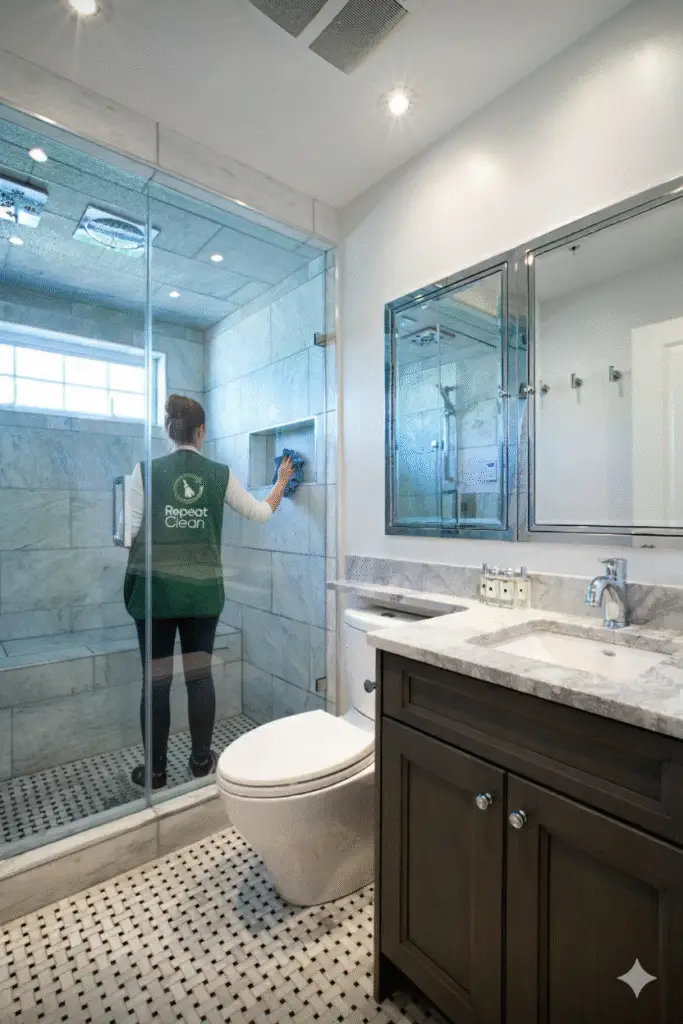 house cleaner inside a bathroom shower cleaning the tile